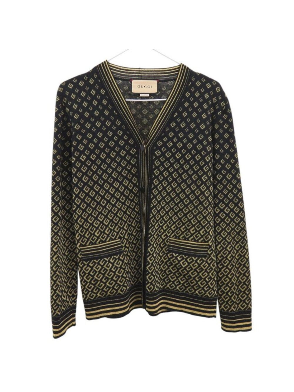 Gucci Square Metallic Neck Cardigan XS Wool Rayon Black Gold